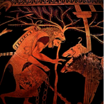 Hercule avec sa peau de lion sur le dos, devant le chien Cerbère